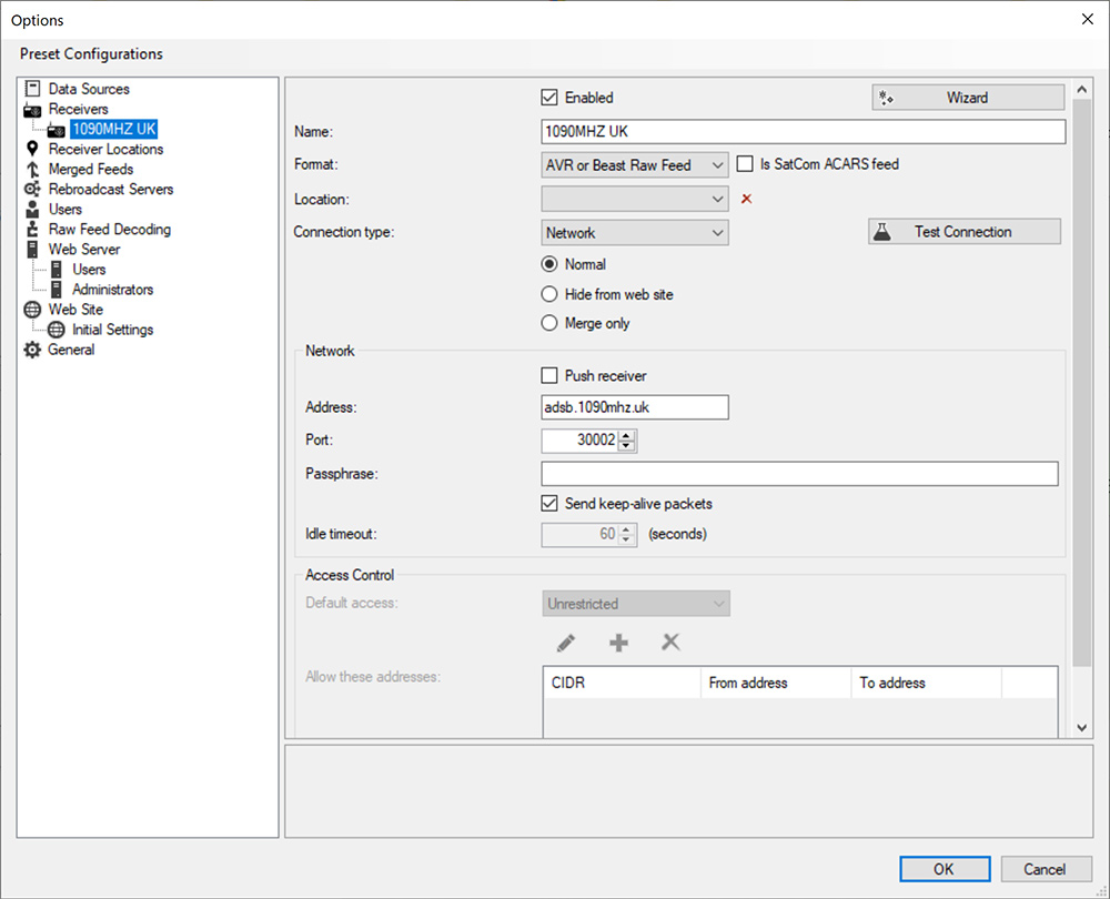 Virtual Radar Setup page